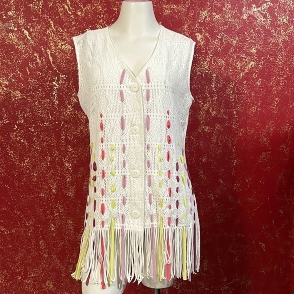 SAMUEL DONG Fringed Ribbons Laced Swim Cover Up Cardigan M